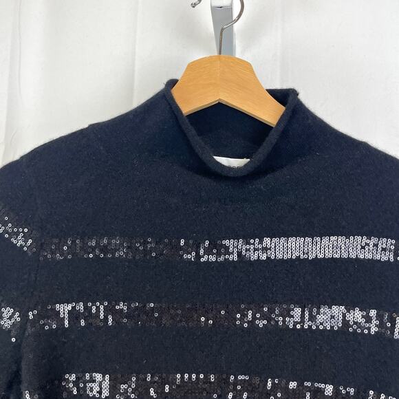 WHITE + WARREN 100% Cashmere Sequin Stripe Sweater Mock Neck Black Size XS - Picture 4 of 10